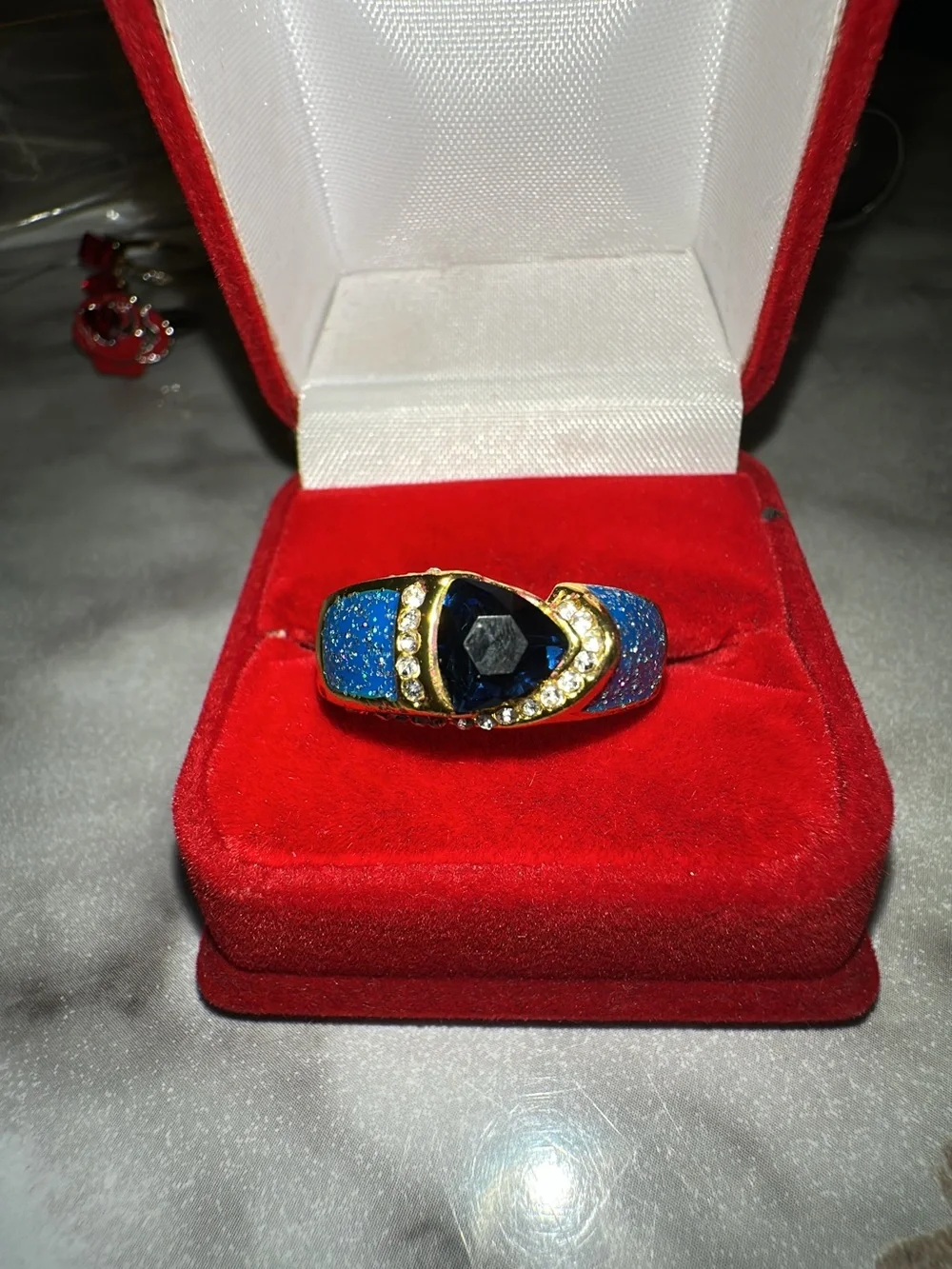 Gold-Tone Blue Sparkle Statement Ring with Blue  Stone